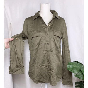 Micheal Kors Green Button Up Collared Shirt Long Sleeve Gold Accent Earthy Tone